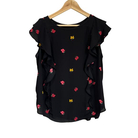 LOFT Black Floral Ruffle Sleeve Blouse Size L Feminine Chic Office Cute - Picture 2 of 9